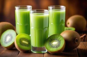 ai generado sano y apropiado nutrición, Fresco kiwis, Fresco hecho en casa kiwi zalamero, un vaso de kiwi jugo en un de madera mesa, Fruta bebida foto