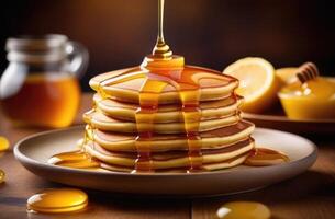 AI generated a stack of pancakes with honey, a sweet dessert, a delicious and healthy breakfast, honey pours on pancakes, photos for the menu