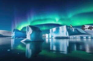 ai generado mundo pingüino día, un solitario adulto pingüino en un hielo témpano de hielo, el Reino de hielo y nieve, un iceberg en el océano, el lejos norte, el del Norte luces foto