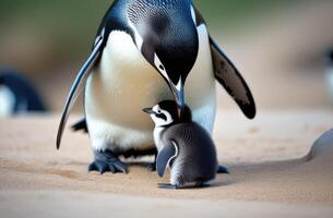 ai generado de la madre día, mundo pingüino día, mamá y pequeño pingüino en un hielo témpano de hielo, Reino de hielo y nieve, lejos norte, Nevado costa, iceberg en el océano, escarchado soleado día foto