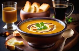 AI generated St. Patrick's Day, traditional Irish pastries, national Irish cuisine, Onion soup with Irish porter and cheese croutons, cream soup with beer photo