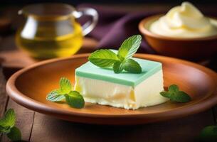 AI generated St. Patrick's Day, national Irish cuisine, traditional Irish pastries, homemade sweets, curd-mint dessert, curd souffle, low-calorie dessert, marshmallows photo