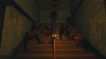 Group of people sitting on a dimly lit staircase, exuding a moody and contemplative atmosphere. video