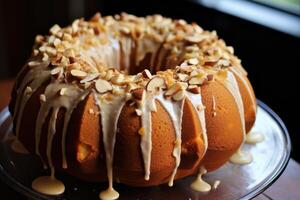 ai generado delicioso bundt pastel cubierto con derritiendo maní. generar ai foto