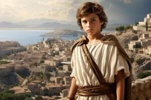 AI generated Monumental Child boy ancient greek city. Generate Ai photo