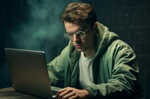 AI generated Tech-savvy Man glasses laptop. Generate Ai photo