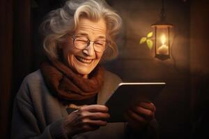 AI generated Tech-savvy Old woman with tablet. Generate Ai photo