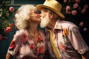 AI generated Charming Old couple city summer kiss. Generate Ai photo