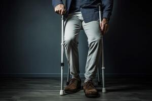 AI generated Resilient Man injured leg using crutches. Generate Ai photo