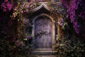 ai generado vívido púrpura hada puerta flores generar ai foto