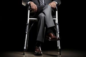 AI generated Determined Man injured leg using crutches. Generate Ai photo