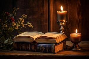 AI generated Atmospheric Old book and candles on wooden table. Generate AI photo