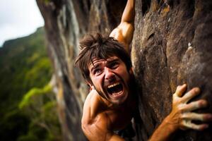 ai generado joven hombre rock alpinismo pared. generar ai foto