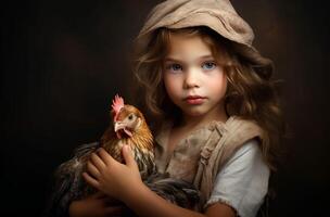 AI generated Protective Little girl with chicken. Generate Ai photo