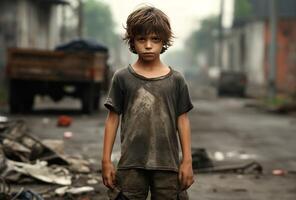 AI generated Innocent Little boy standing in poor neighborhood. Generate ai photo