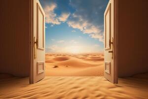 AI generated Open door at hot desert. Generate Ai photo