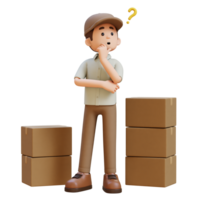 3D Delivery Man Character Confused and Thinking Pose with Parcel Box png