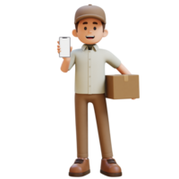 3D Delivery Man Character presenting Empty Phone Screen and Carrying Parcel Box png