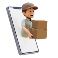 3d entrega hombre personaje saltar desde teléfono pantalla con megáfono participación paquete o empaquetar caja png