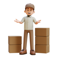 3D Delivery Man Character Communication Pose with Parcel Box png