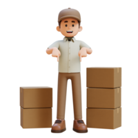 3d entrega hombre personaje señalando hacia abajo con paquete o empaquetar caja png