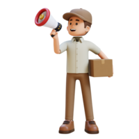 3D Delivery Man Character Holding Megaphone with Parcel Box png