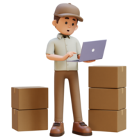 3D Delivery Man Character Working on Laptop with Parcel Box png