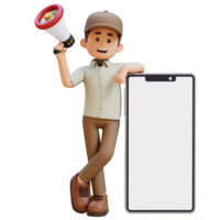 3d livraison homme personnage en portant mégaphone et mensonge sur gros vide téléphone écran avec parcelle boîte png