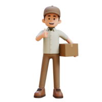 3D Delivery Man Character Giving Thumbs Up Pose with Parcel Box png