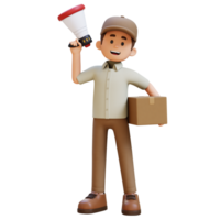 3D Delivery Man Character Holding Megaphone with Parcel Box png