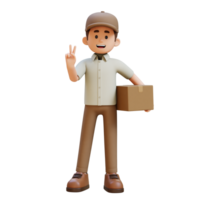 3D Delivery Man Character Giving Peace Hand Sign Pose with Parcel Box png