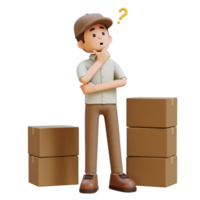 3D Delivery Man Character Confused and Thinking Pose with Parcel Box png