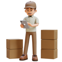 3D Delivery Man Character working on Tablet with Parcel Box png