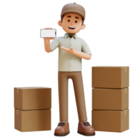 3D Delivery Man Character Presenting on Empty Phone Screen with Parcel Box png