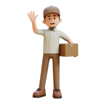 3D Delivery Man Character Waving Hand Pose with Parcel Box png