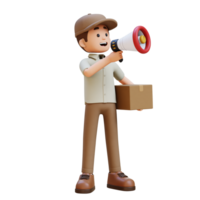 3D Delivery Man Character shouting with Megaphone with Parcel Box png