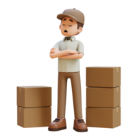 3D Delivery Man Character in Denial or Dissatisfaction Pose with Parcel Box png
