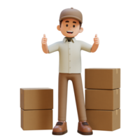 3D Delivery Man Character Giving Thumbs Up Pose with Parcel Box png