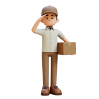 3D Delivery Man Character Salute Pose with Parcel Box png