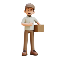 3D Delivery Man Character Pointing to the Left Pose with Parcel Box png