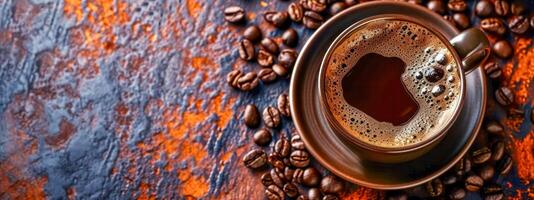 AI generated Aromatic cup of coffee with beans on a textured background, perfect for a cafe. photo