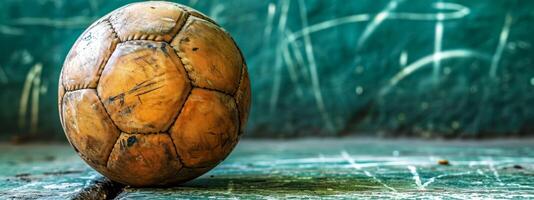 AI Generated Time-worn soccer ball with stories to tell, banner with copy space photo