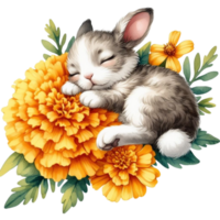 AI generated Cute rabbit sleeping on a flower png