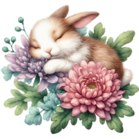 AI generated Cute rabbit sleeping on a flower png
