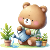 ai gegenereerd een schattig teddy beer gieter planten met gieter kan en bloemen png