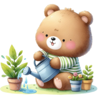 ai generado un linda osito de peluche oso riego plantas con riego lata y flores png