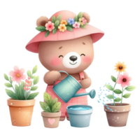 AI generated a cute teddy bear watering plants with watering can and flowers png