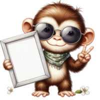 AI generated monkey holding a blank frame with sunglasses png