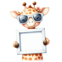 AI generated cute giraffe holding a blank frame png