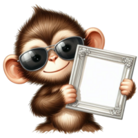 AI generated monkey holding a blank frame with sunglasses png